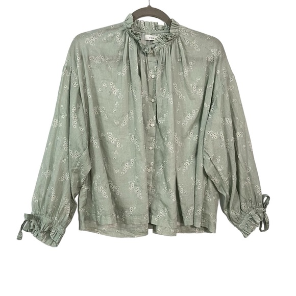 Doen blouse XS womens Green floral Cotton Lightweight top Ruffle Long tie sleeve - Picture 1 of 7